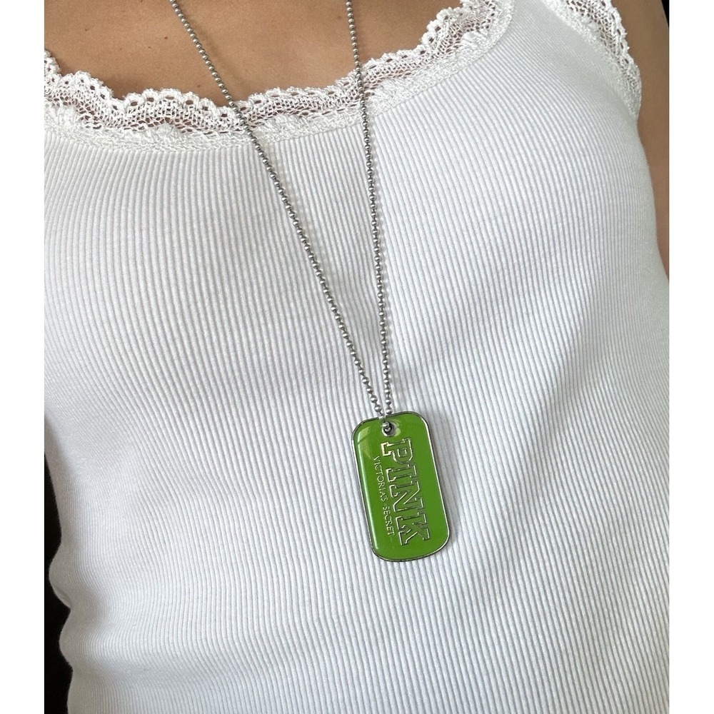 Vintage Victoria's Secret PINK Necklace Limited Edition Green Dog Tag Love Pink